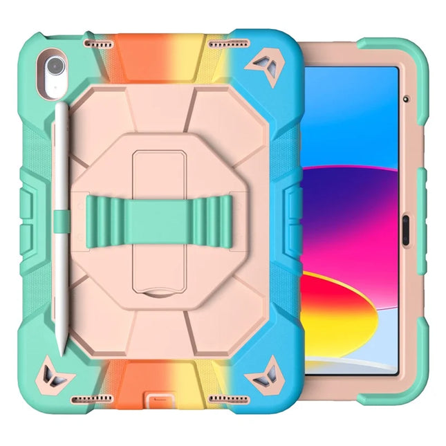For iPad 10.9 (2022) Case with Kickstand Wrist Strap PC + Silicone Tablet Cover - Rainbow