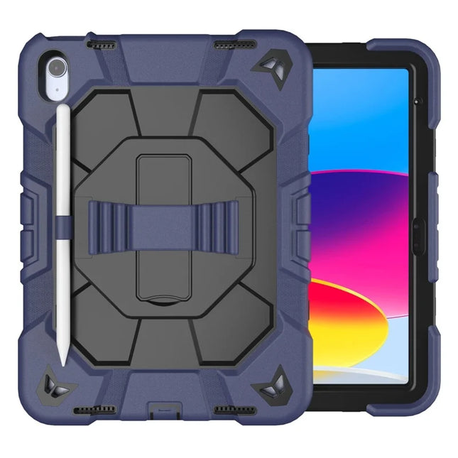 For iPad 10.9 (2022) Case with Kickstand Wrist Strap PC + Silicone Tablet Cover - Navy Blue + Black
