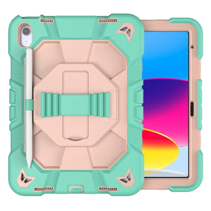 For iPad 10.9 (2022) Case with Kickstand Wrist Strap PC + Silicone Tablet Cover - Green + Pink