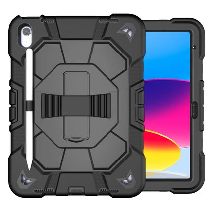 For iPad 10.9 (2022) Case with Kickstand Wrist Strap PC + Silicone Tablet Cover - Black