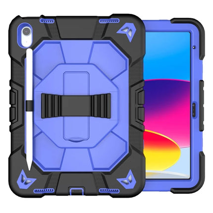 For iPad 10.9 (2022) Case with Kickstand Wrist Strap PC + Silicone Tablet Cover - Black + Blue