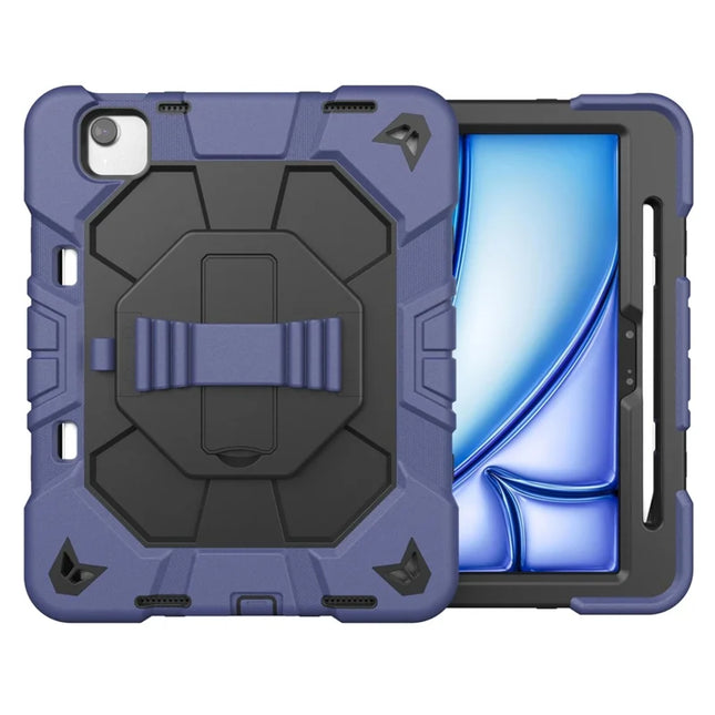 For iPad Air 11 (2024) Case with Kickstand Wrist Strap PC + Silicone Tablet Cover - Navy Blue + Black