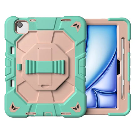For iPad Air 11 (2024) Case with Kickstand Wrist Strap PC + Silicone Tablet Cover - Green + Pink