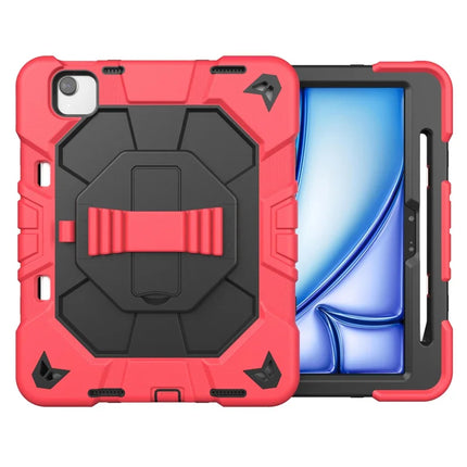 For iPad Air 11 (2024) Case with Kickstand Wrist Strap PC + Silicone Tablet Cover - Red + Black