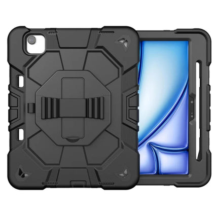 For iPad Air 11 (2024) Case with Kickstand Wrist Strap PC + Silicone Tablet Cover - Black