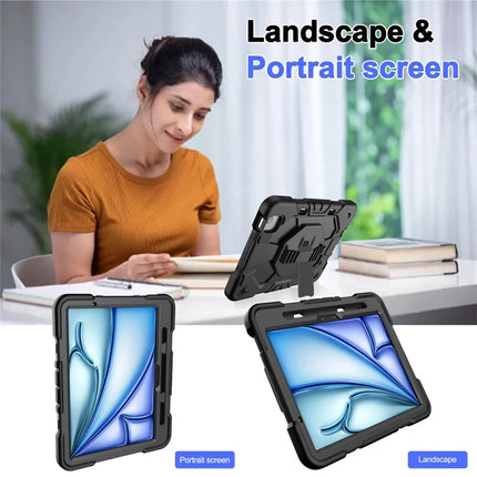 For iPad Air 11 (2024) Case with Kickstand Wrist Strap PC + Silicone Tablet Cover