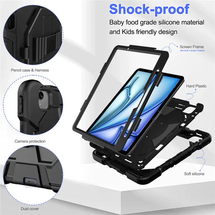 For iPad Air 11 (2024) Case with Kickstand Wrist Strap PC + Silicone Tablet Cover