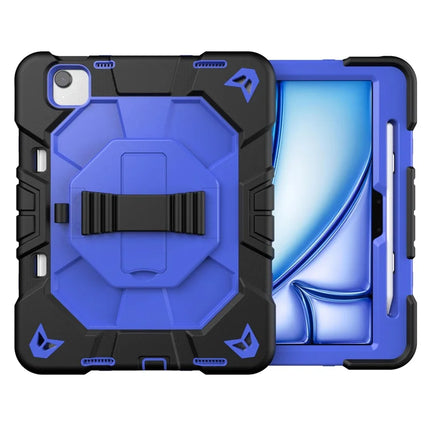 For iPad Air 11 (2024) Case with Kickstand Wrist Strap PC + Silicone Tablet Cover - Black + Blue