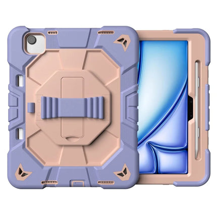 For iPad Air 11 (2024) Case with Kickstand Wrist Strap PC + Silicone Tablet Cover - Purple + Pink