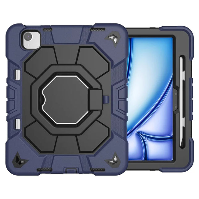 For iPad Air 11 (2024) Case with Hand Grip Kickstand PC + Silicone Tablet Cover - Navy Blue + Black