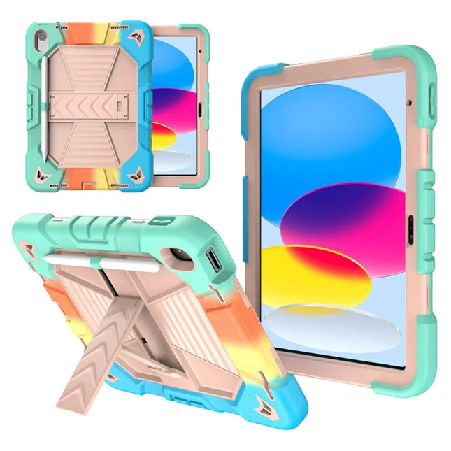 For iPad 10.9 (2022) Tablet Case with Kickstand PC + Silicone Shockproof Protective Cover - Rainbow