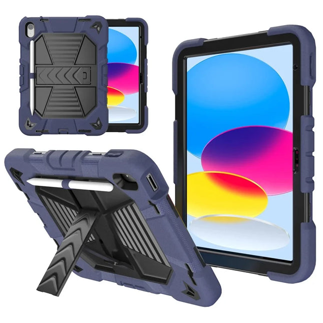 For iPad 10.9 (2022) Tablet Case with Kickstand PC + Silicone Shockproof Protective Cover - Navy Blue + Black