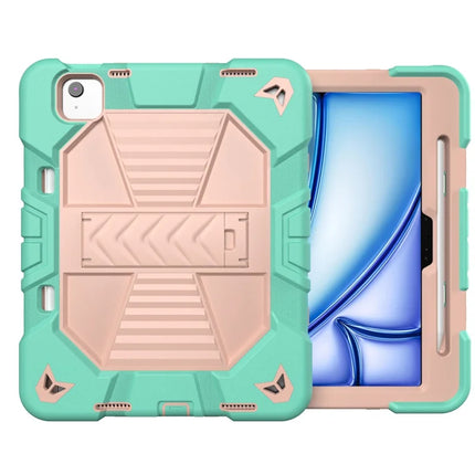 For iPad Air 11 (2024) Tablet Case with Kickstand PC + Silicone Shockproof Protective Cover - Green + Pink