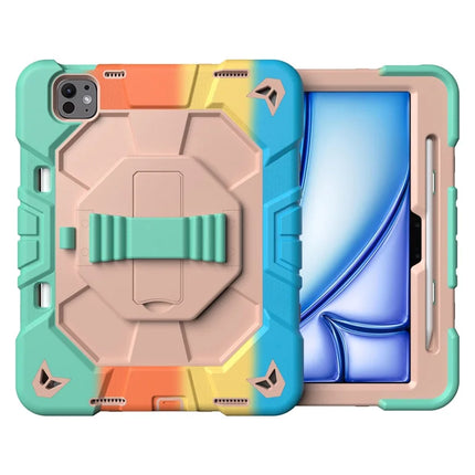 For iPad Pro 11 (2024) Case with Kickstand Wrist Strap PC + Silicone Tablet Cover - Rainbow