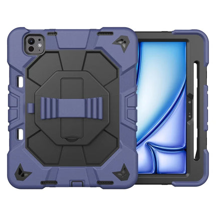 For iPad Pro 11 (2024) Case with Kickstand Wrist Strap PC + Silicone Tablet Cover - Navy Blue + Black