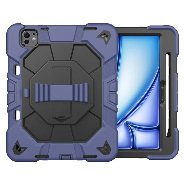 For iPad Pro 11 (2024) Case with Kickstand Wrist Strap PC + Silicone Tablet Cover - Navy Blue + Black