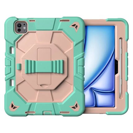For iPad Pro 11 (2024) Case with Kickstand Wrist Strap PC + Silicone Tablet Cover - Green + Pink
