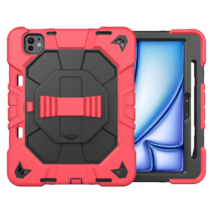 For iPad Pro 11 (2024) Case with Kickstand Wrist Strap PC + Silicone Tablet Cover - Red + Black