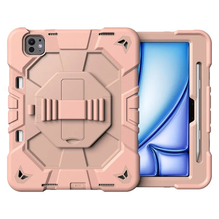 For iPad Pro 11 (2024) Case with Kickstand Wrist Strap PC + Silicone Tablet Cover - Pink + Pink