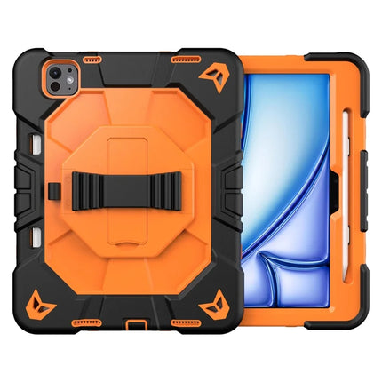 For iPad Pro 11 (2024) Case with Kickstand Wrist Strap PC + Silicone Tablet Cover - Black + Orange