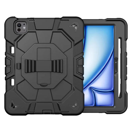 For iPad Pro 11 (2024) Case with Kickstand Wrist Strap PC + Silicone Tablet Cover - Black