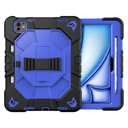 For iPad Pro 11 (2024) Case with Kickstand Wrist Strap PC + Silicone Tablet Cover - Black + Blue