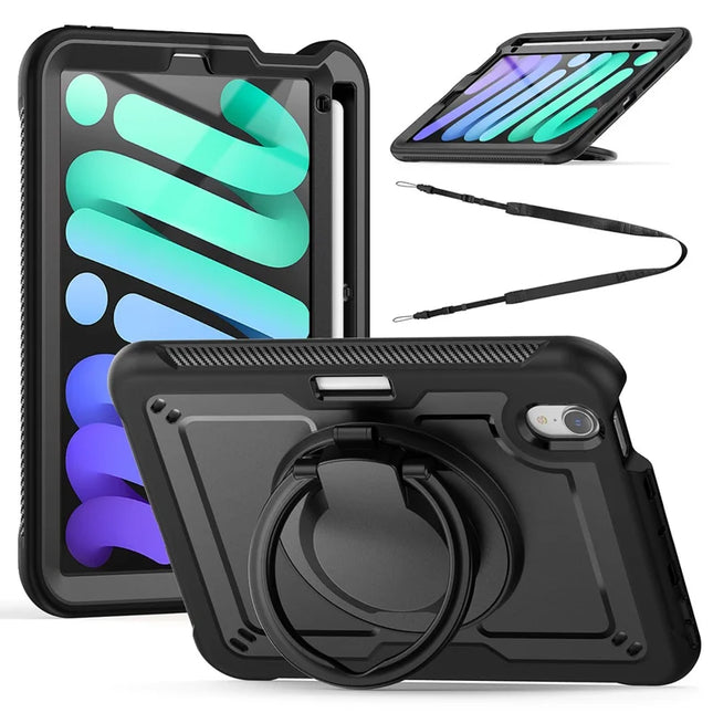 For iPad mini (2024)  /  (2021) Case Rotating Kickstand PC + TPU Shockproof Tablet Cover with Shoulder Strap - Black