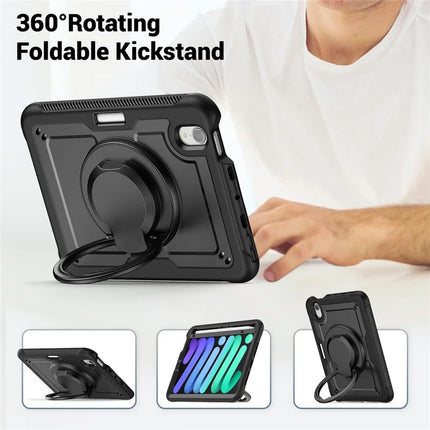 For iPad mini (2024)  /  (2021) Case Rotating Kickstand PC + TPU Shockproof Tablet Cover with Shoulder Strap