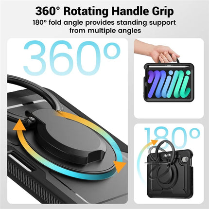 For iPad mini (2024)  /  (2021) Case Rotating Kickstand PC + TPU Shockproof Tablet Cover with Shoulder Strap
