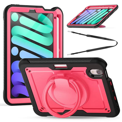 For iPad mini (2024)  /  (2021) Case Rotating Kickstand PC + TPU Shockproof Tablet Cover with Shoulder Strap - Rose