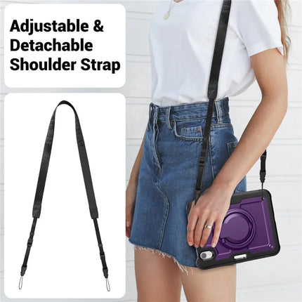 For iPad mini (2024)  /  (2021) Case Rotating Kickstand PC + TPU Shockproof Tablet Cover with Shoulder Strap