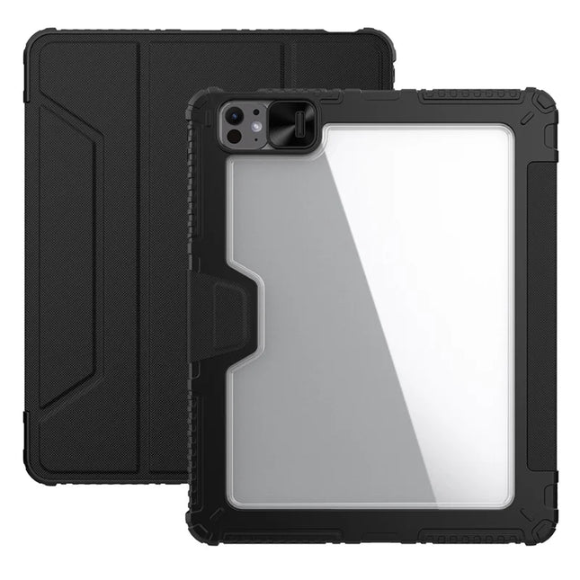 NILLKIN Bumper Leather Case Pro for iPad Air 13 (2024)  /  Pro 12.9 (2022)  /  (2021)  /  (2020) Slide Camera Cover PU Leather Trifold Stand Tablet Case