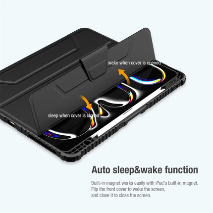 NILLKIN Bumper Leather Case Pro for iPad Air 13 (2024)  /  Pro 12.9 (2022)  /  (2021)  /  (2020) Slide Camera Cover PU Leather Trifold Stand Tablet Case