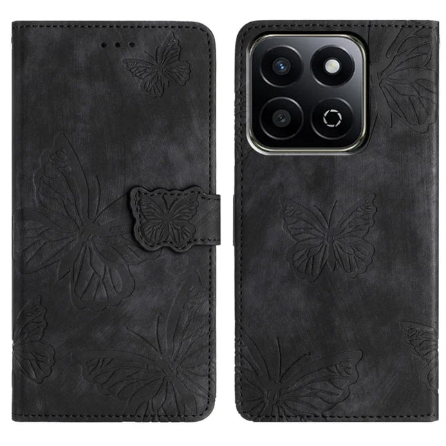 For Honor X7c 4G / 200 Smart 5G Case Butterfly Design Flip Wallet Leather Phone Cover Skin-Touch - Black