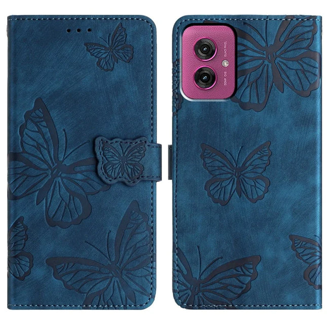 For Motorola Moto G55 5G Case Butterfly Design Flip Wallet Leather Phone Cover Skin-Touch - Blue