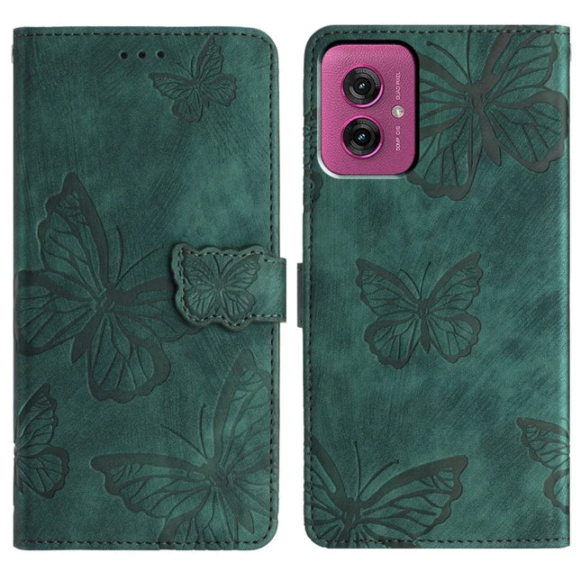 For Motorola Moto G55 5G Case Butterfly Design Flip Wallet Leather Phone Cover Skin-Touch - Green