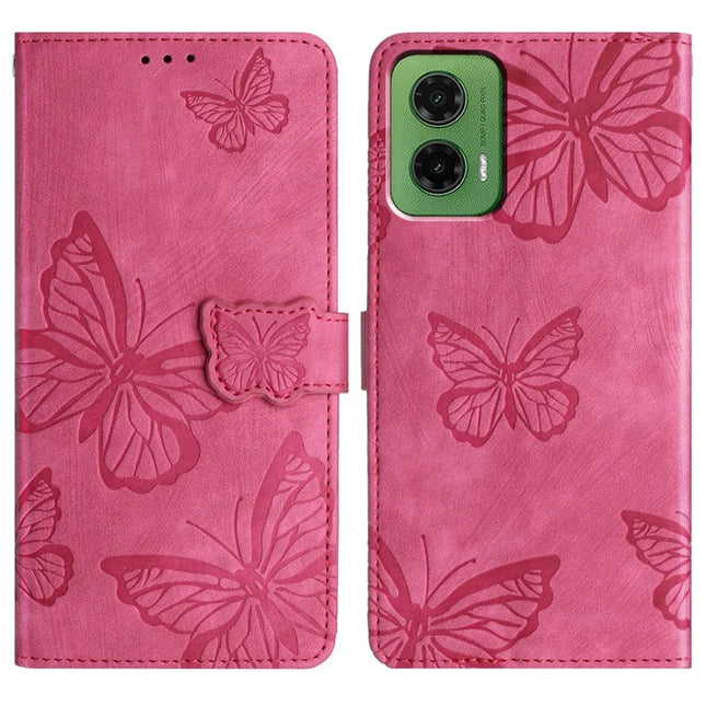 For Motorola Moto G35 5G Case Butterfly Design Flip Wallet Leather Phone Cover Skin-Touch - Rose