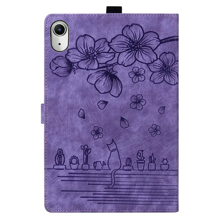 For iPad mini (2024)  /  mini (2021) Case Flip Stand Leather Phone Cover Cherry Blossom Cat Imprinted