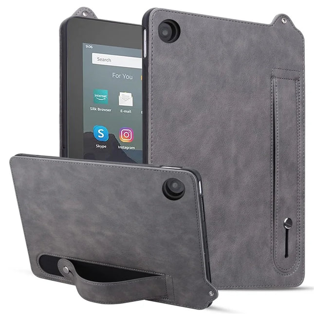 Tablet Case For Amazon Fire HD 8 (2018) / (2017) / (2016) / (2015) Hand Strap Kickstand Leather Cover - Grey