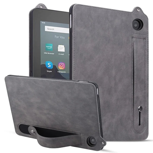 For Amazon Fire HD 8 (2024) / (2020) Case Hand Strap Kickstand Leather Tablet Cover - Grey