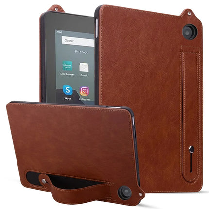 For Amazon Fire HD 8 (2024) / (2020) Case Hand Strap Kickstand Leather Tablet Cover - Brown