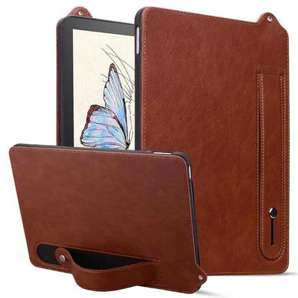 For Amazon Kindle Paperwhite (2022) Case Hand Strap Kickstand Leather Tablet Cover - Brown