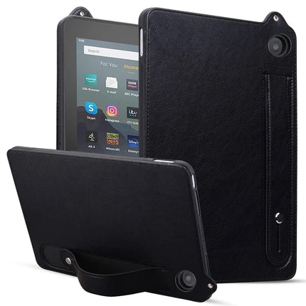 For Amazon Fire 7 (2022) Case Hand Strap Kickstand Leather Tablet Cover - Black