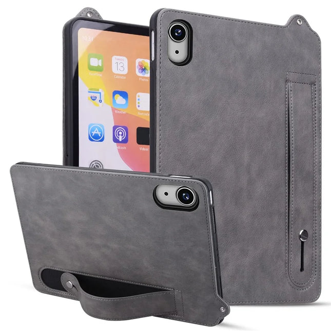 For iPad 10.9 (2022) Case Hand Strap Kickstand Leather Tablet Cover - Grey