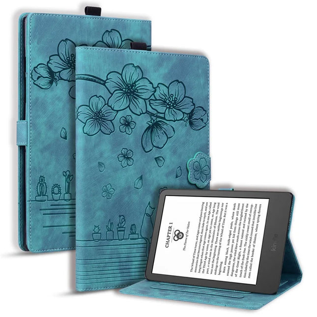 For Amazon Kindle Paperwhite (2024) Case Flip Stand Leather Tablet Cover Cherry Blossom Cat Imprinted - Green