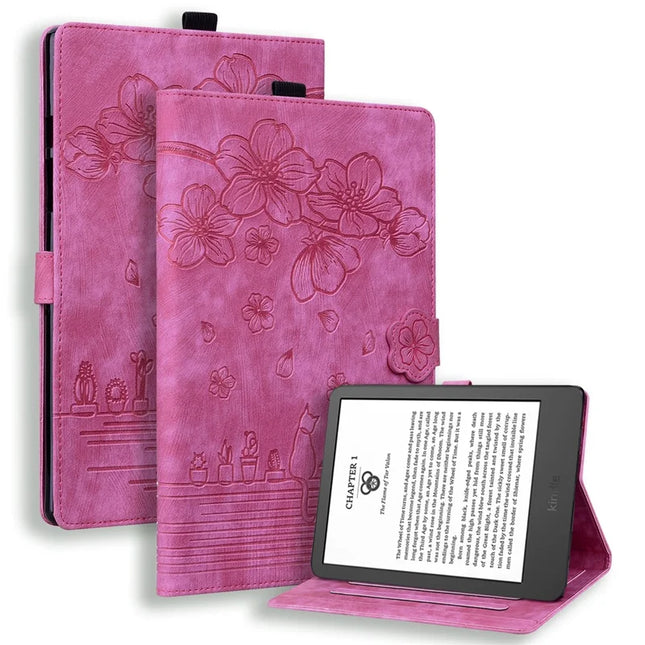 For Amazon Kindle Paperwhite (2024) Case Flip Stand Leather Tablet Cover Cherry Blossom Cat Imprinted - Rose