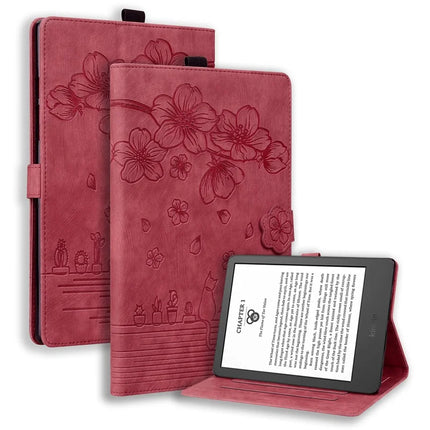 For Amazon Kindle Paperwhite (2024) Case Flip Stand Leather Tablet Cover Cherry Blossom Cat Imprinted - Red
