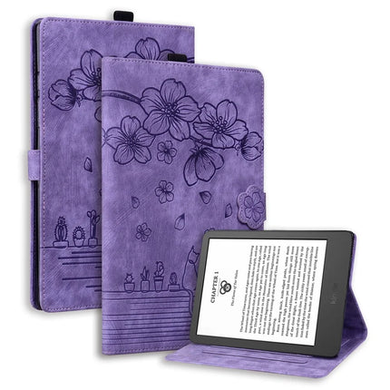 For Amazon Kindle Paperwhite (2024) Case Flip Stand Leather Tablet Cover Cherry Blossom Cat Imprinted - Purple