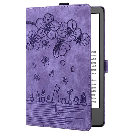For Amazon Kindle Paperwhite (2024) Case Flip Stand Leather Tablet Cover Cherry Blossom Cat Imprinted