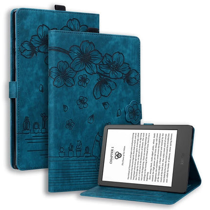 For Amazon Kindle Paperwhite (2024) Case Flip Stand Leather Tablet Cover Cherry Blossom Cat Imprinted - Blue